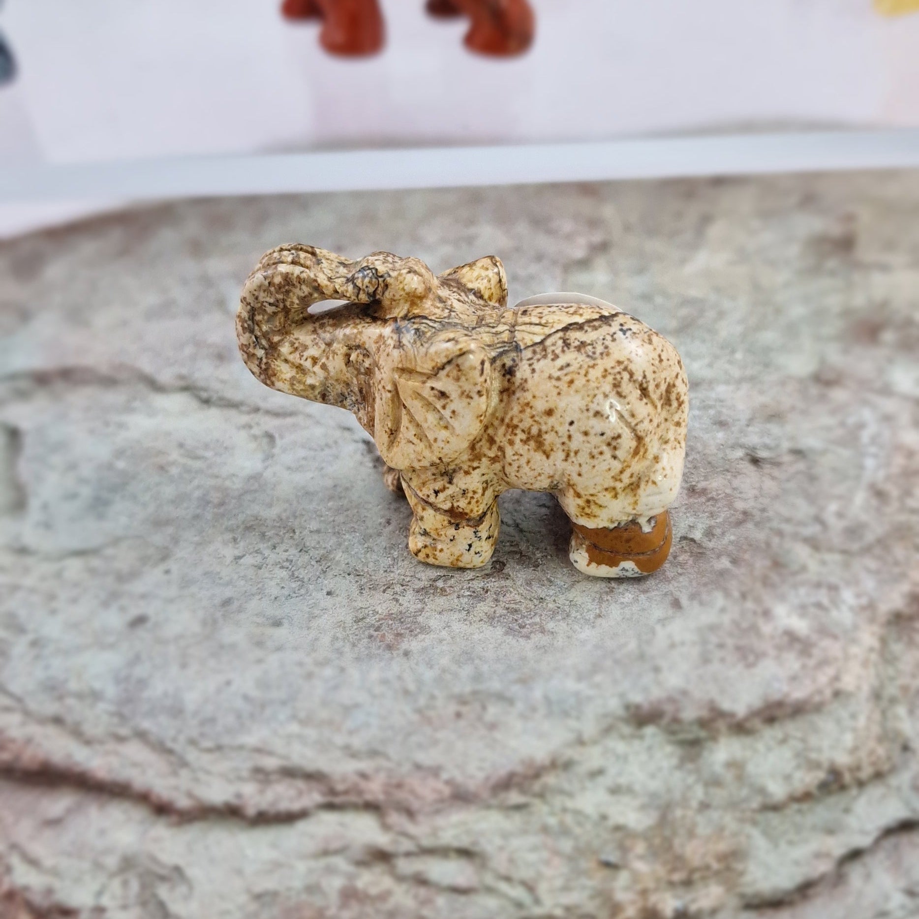 Small Picture Jasper elephant on a rock with other crystal elephants in the background