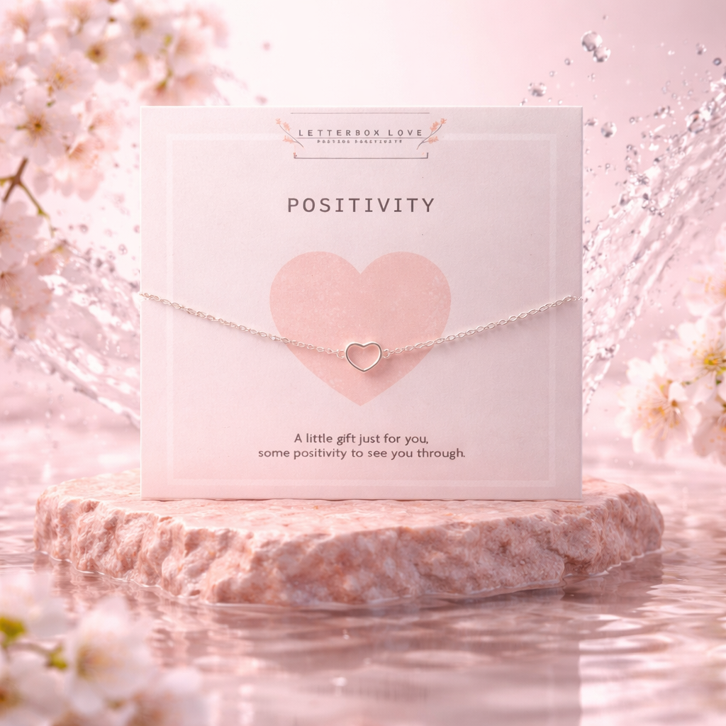 Necklace with heart pendant on a card labeled 'Positivity' against a cherry blossom background