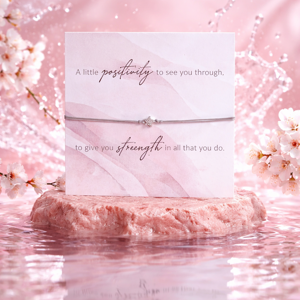 Star Bracelet with inspirational message card on a pink floral background