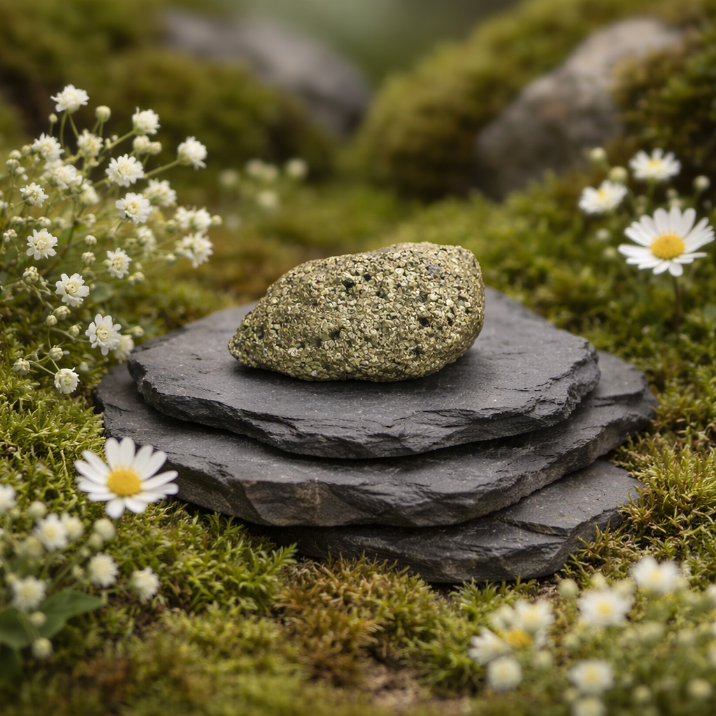 Pyrite crystal with a greenish rock on top, surrounded by small white flowers and green moss.