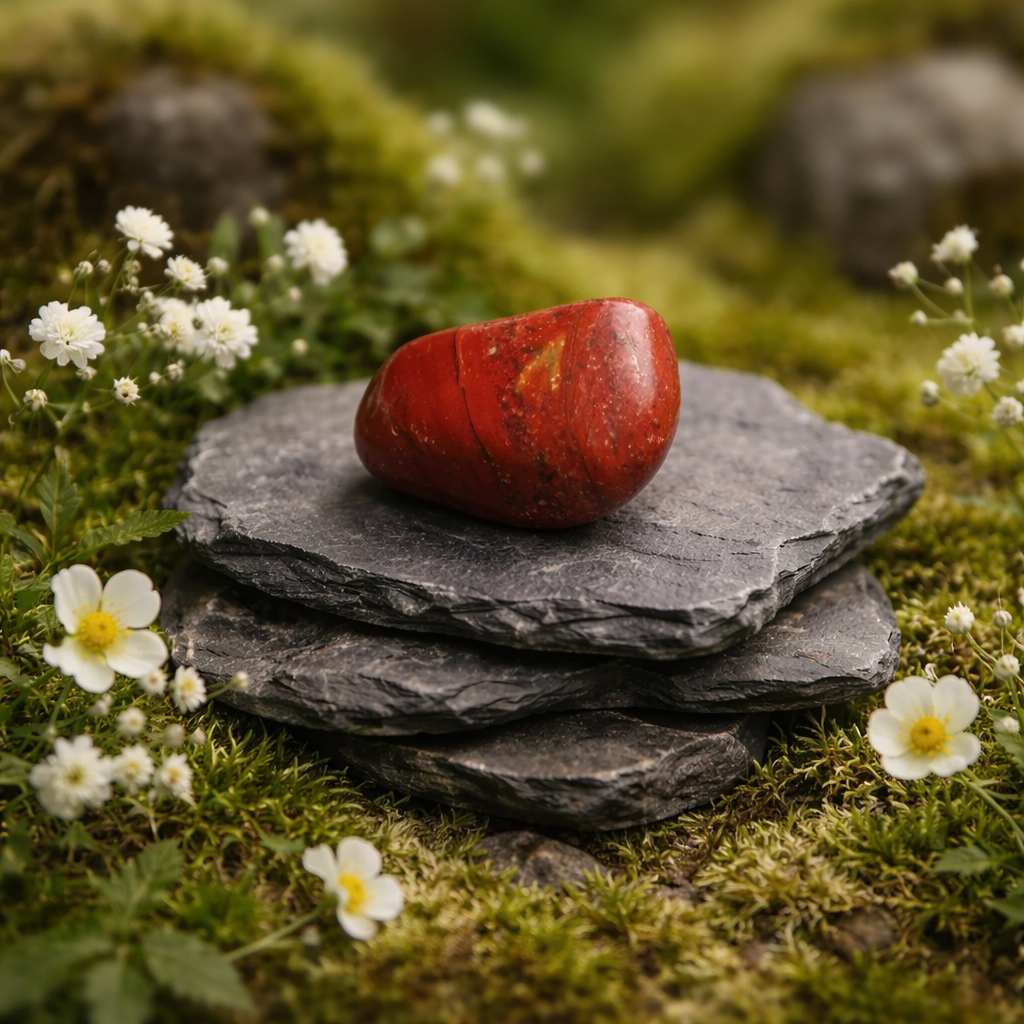 Red Jasper Tumblestone on stacked black stones with white flowers in a natural setting