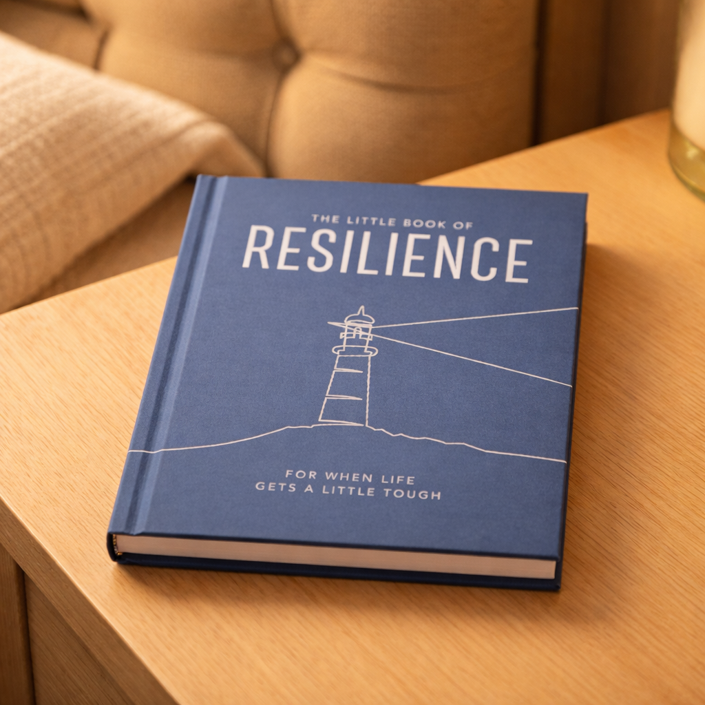 Book titled 'The Little Book of Resilience' on a wooden surface with a blurred background