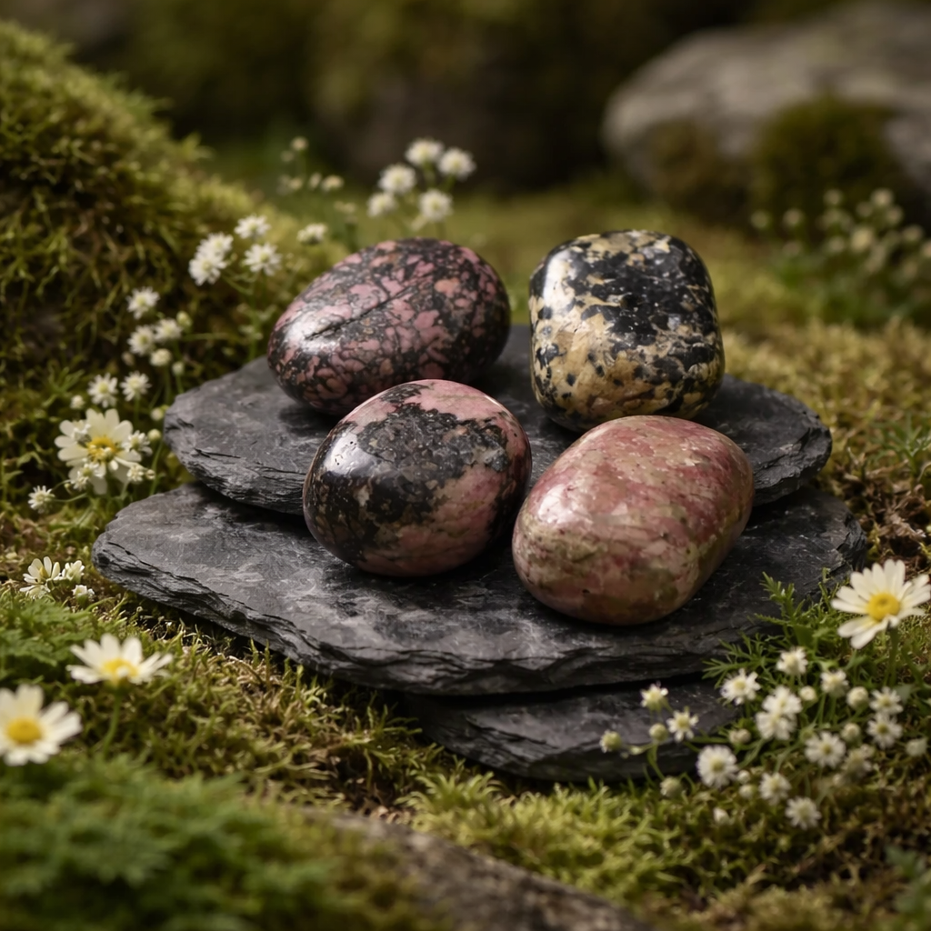 Rhodonite tumblestones on a natural background with moss and small flowers