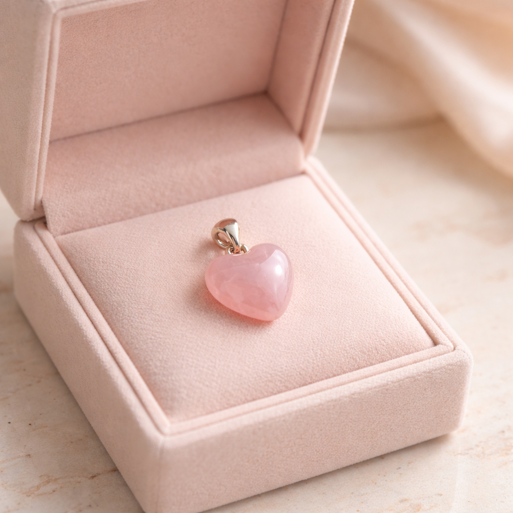 Pink heart-shaped crystal pendant in a pink jewellery box on a light wooden surface