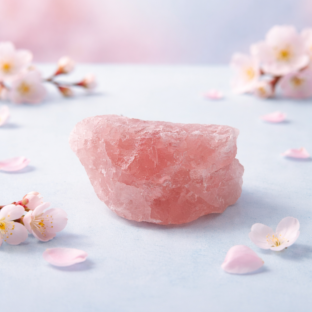 Rough Rose Quartz stone with cherry blossoms on a light blue background