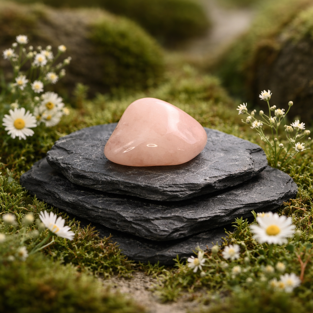 Rose Quartz tumblestone on black slate surrounded by moss and small white flowers