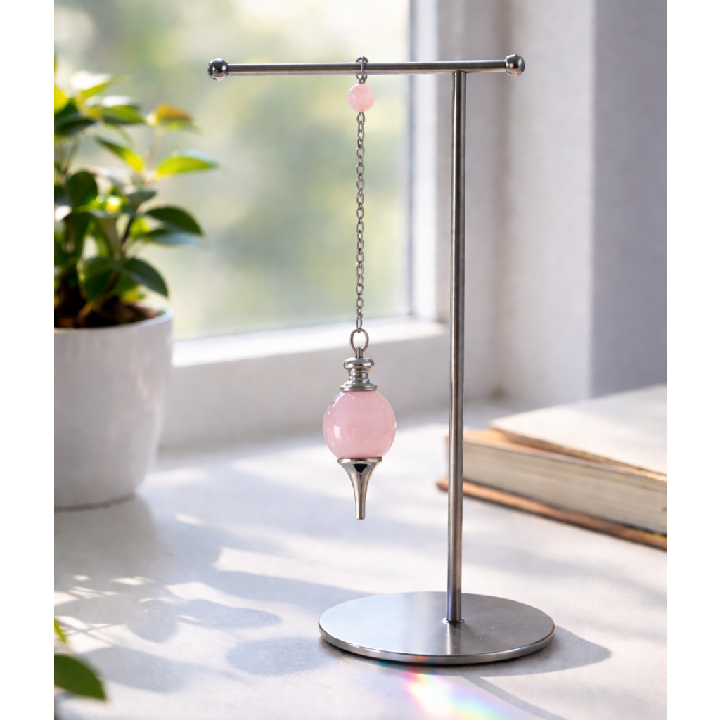 Rose quartz pendulum on a stand with a blurred indoor background