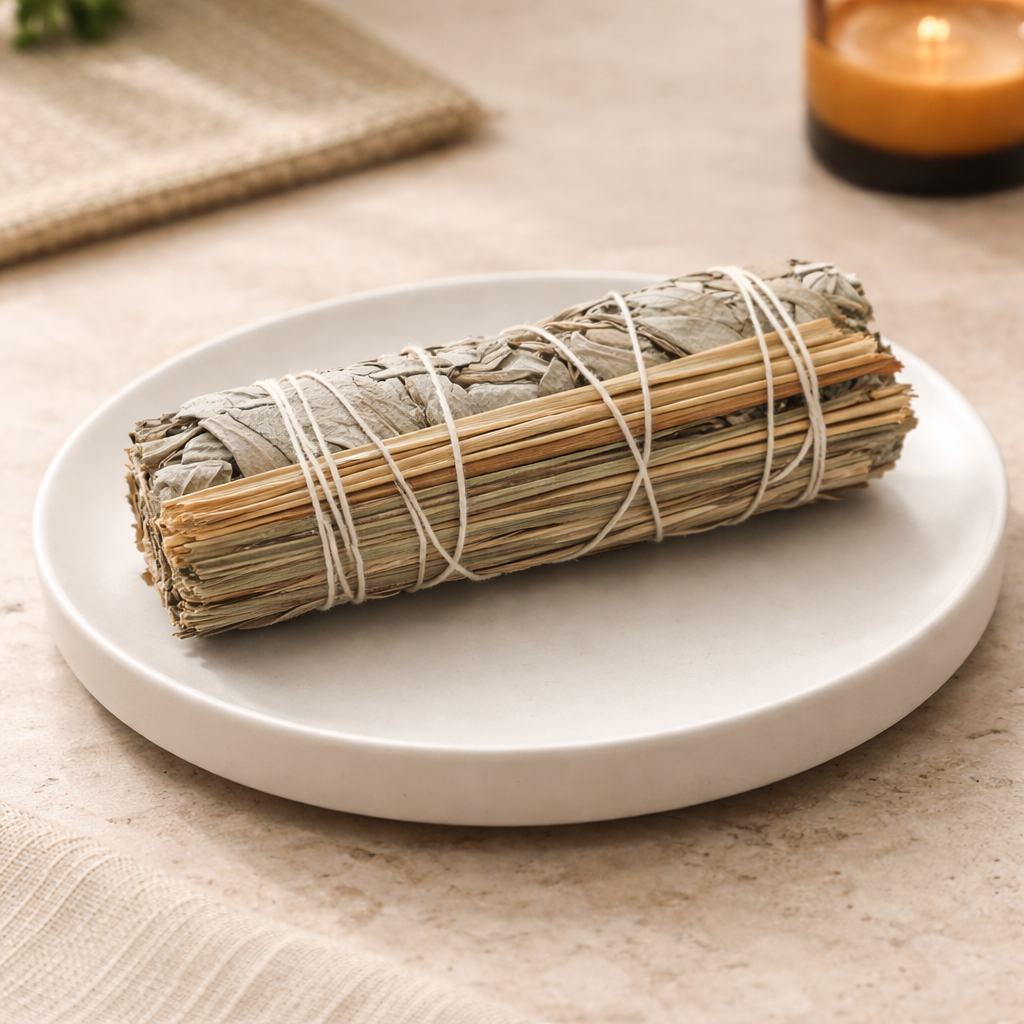 Rolled sage and sweetgrass smudge stick on a white plate with a blurred background