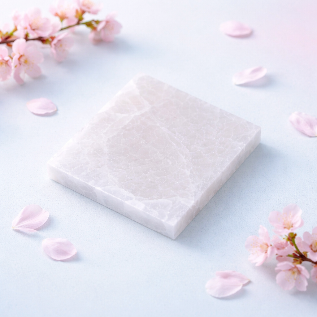 White selenite square plate on a light blue background with pink flowers and petals