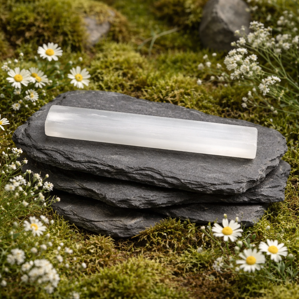 Selenite slab on stacked stones surrounded by grass and flowers