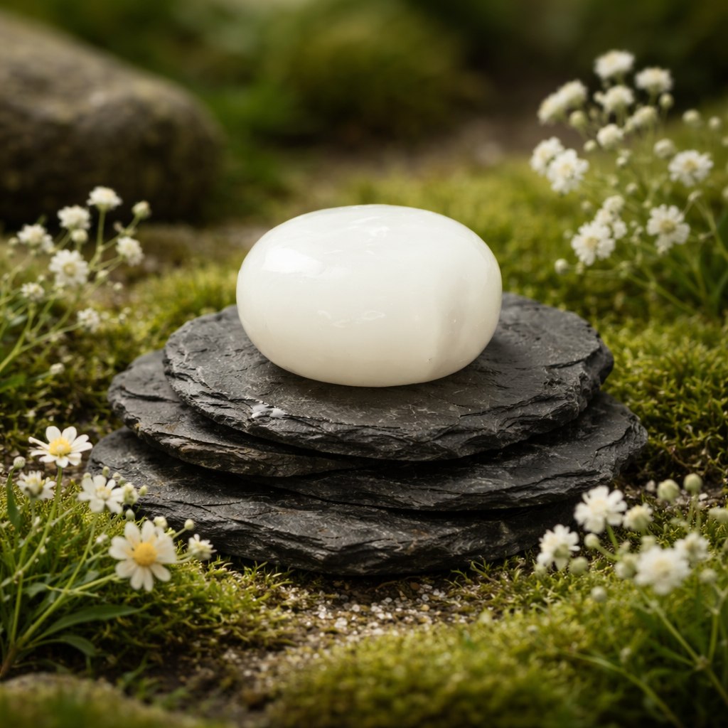 white Selenite tumblestone on stacked stones surrounded by grass and flowers