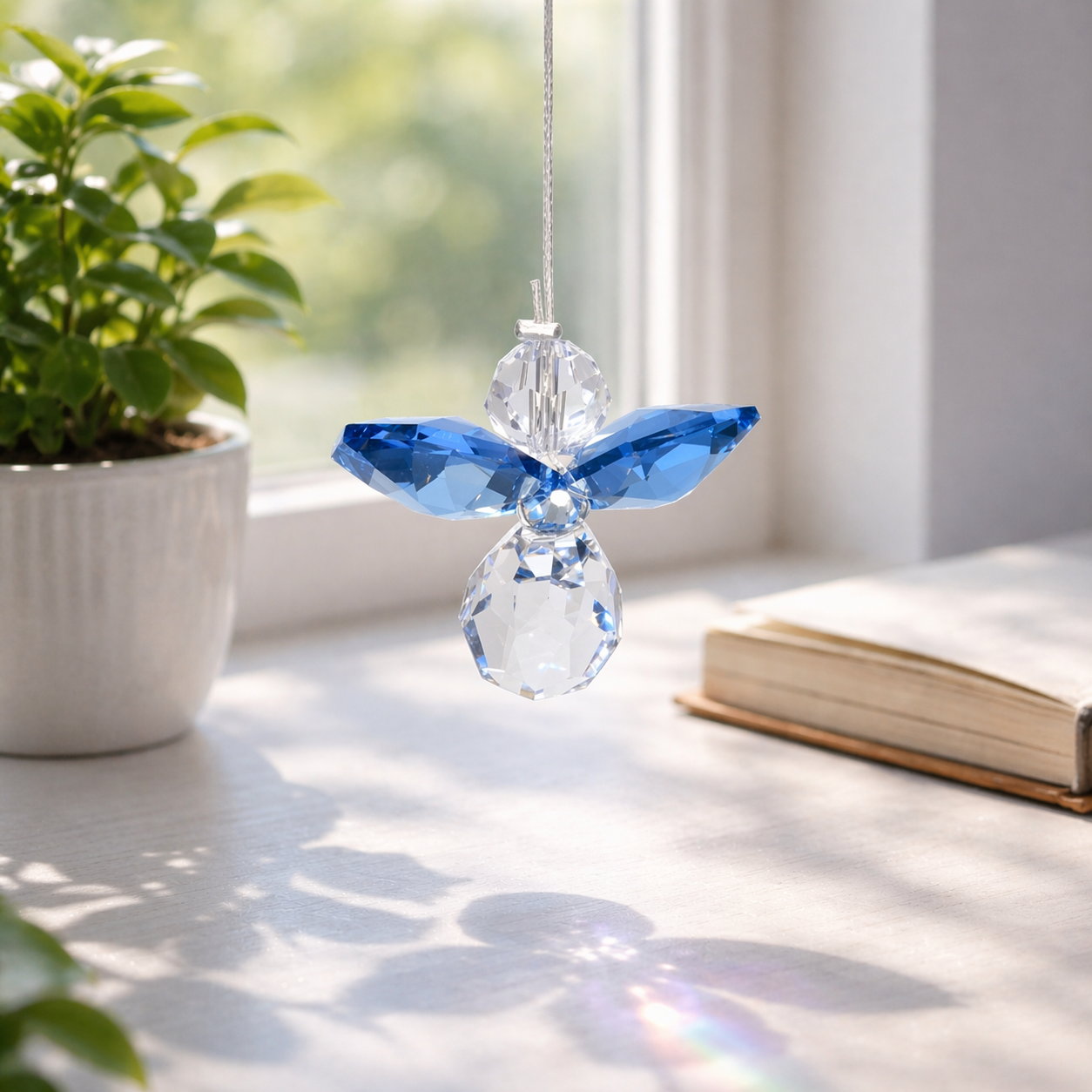 Colorful crystal angel decoration hanging on a wire with a plant and book in the background.