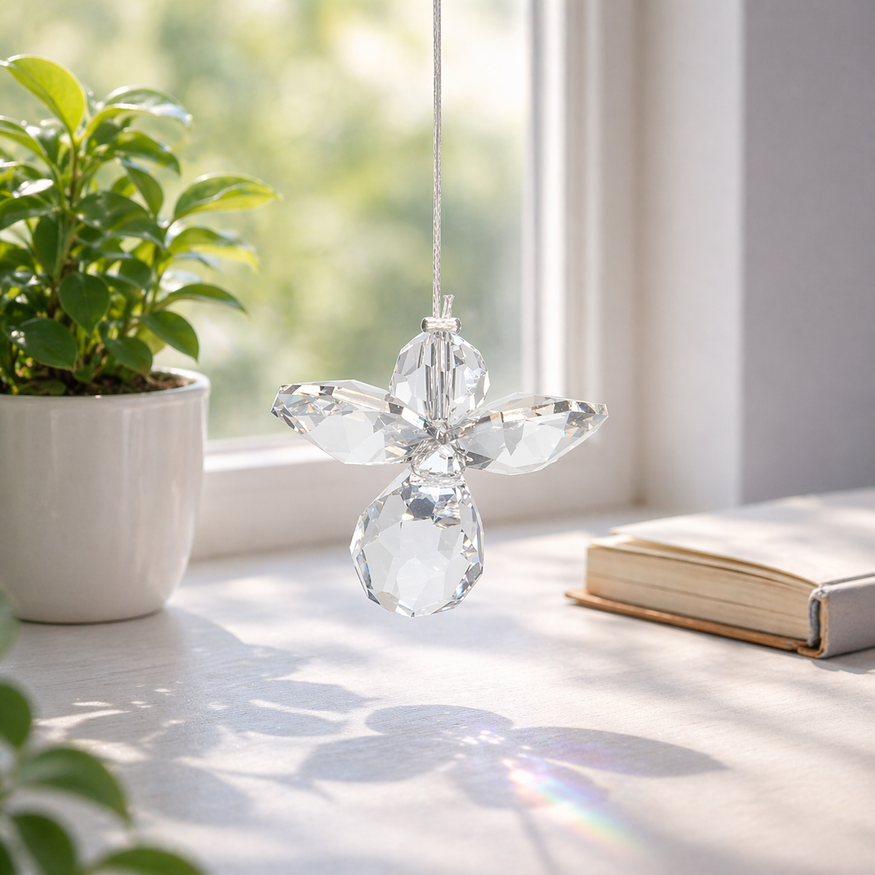 Colorful crystal angel decoration hanging on a wire with a plant and book in the background.