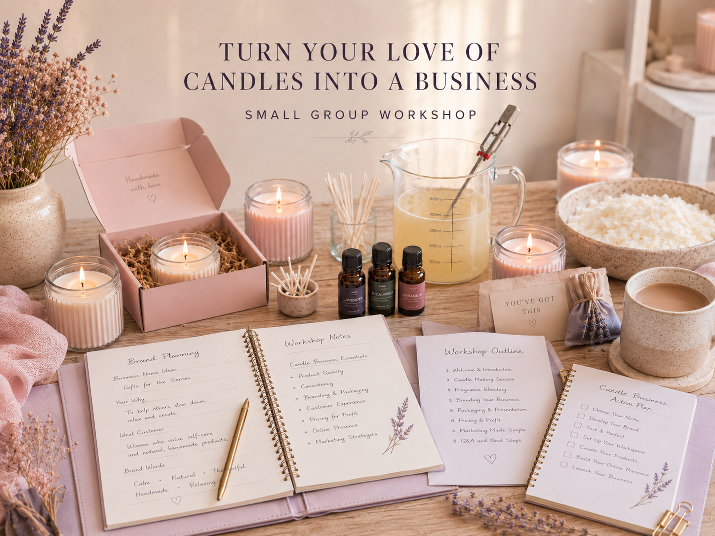 Candle-making materials and supplies on a table with text about turning candle love into a business.