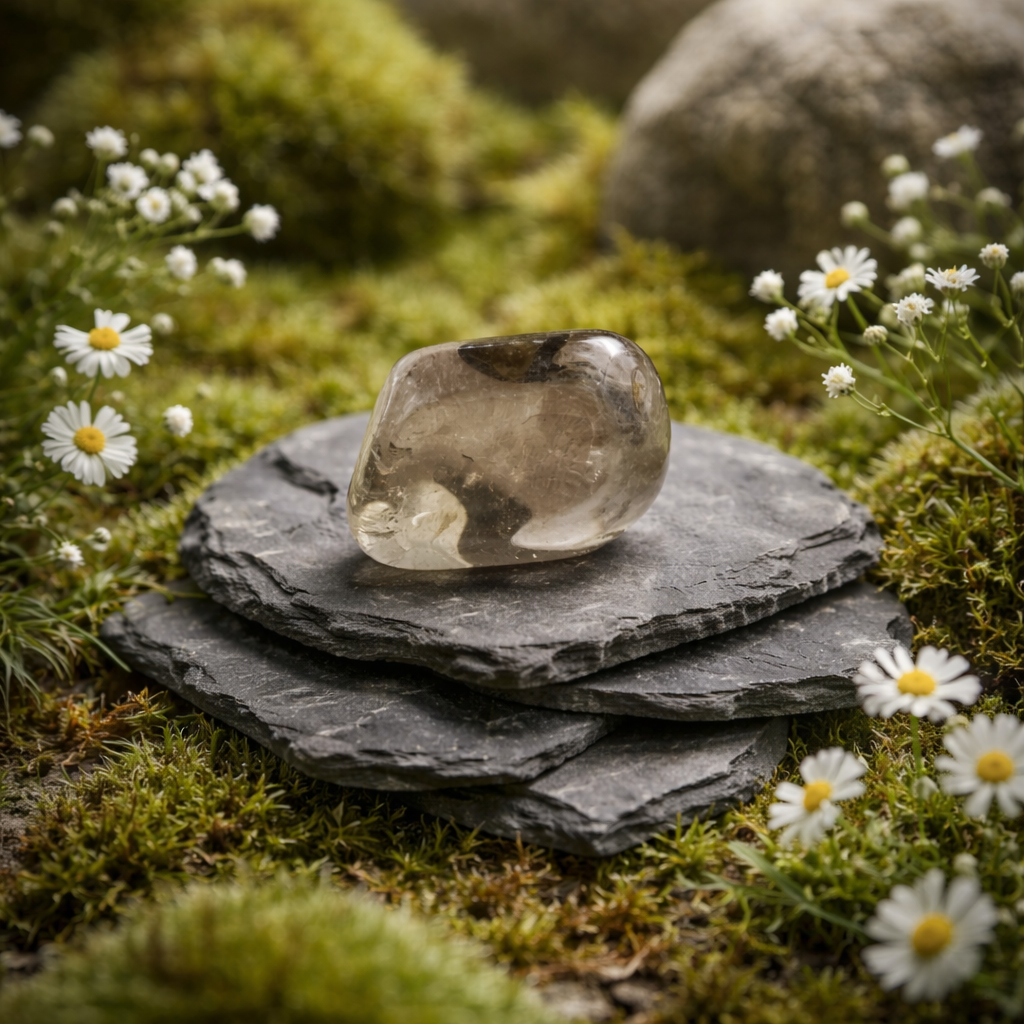 Smoky Quartz crystal stone on stacked stones with daisies in a natural setting