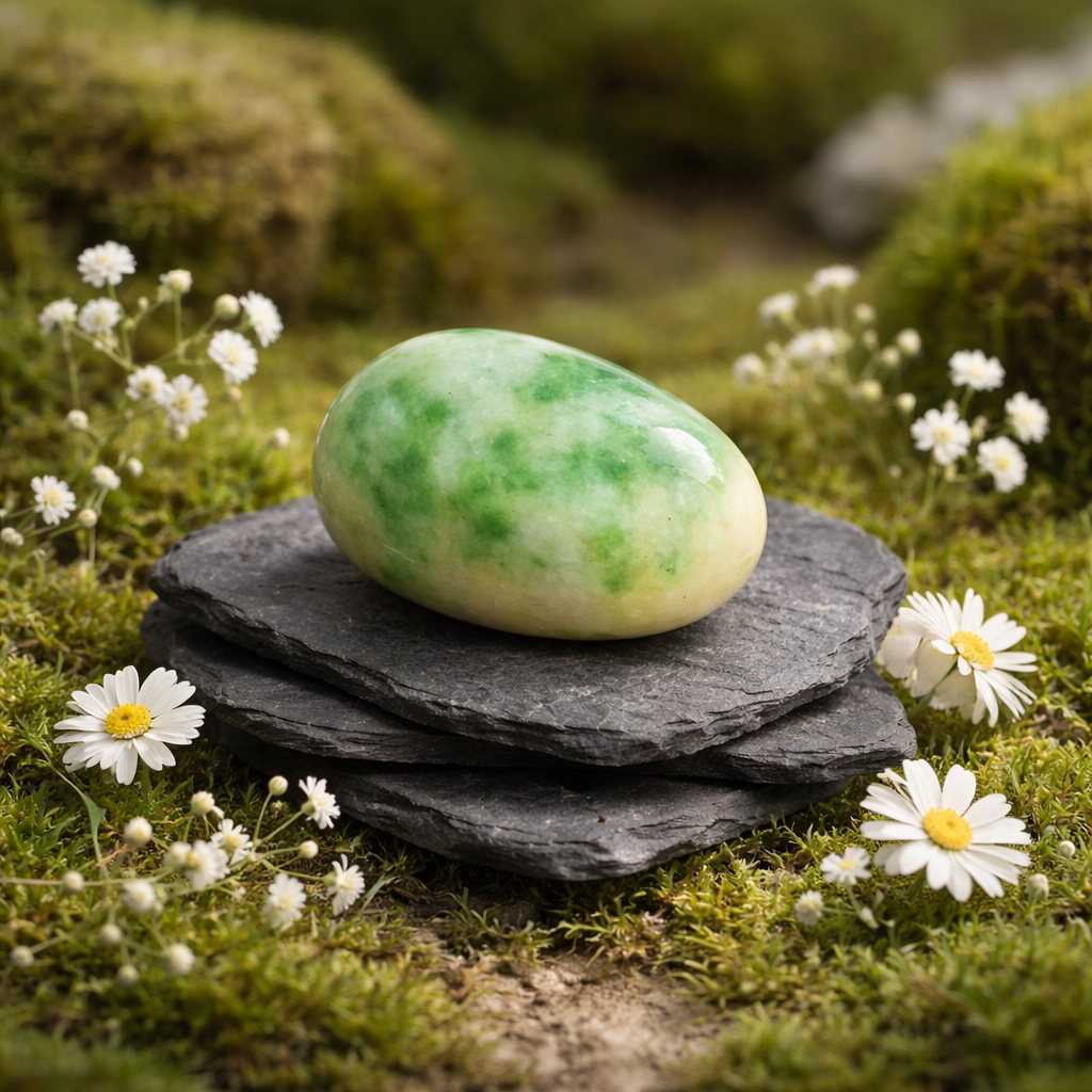 Green and white stone snake dragon tumblestone on stacked black stones with daisies in a natural setting