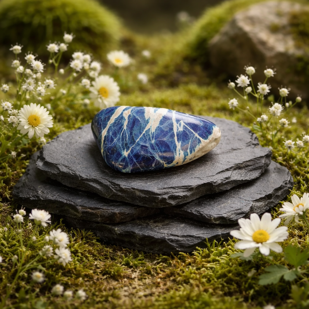 Sodalite Tumblestone on a stone base surrouned by moss and white and yellow flowers
