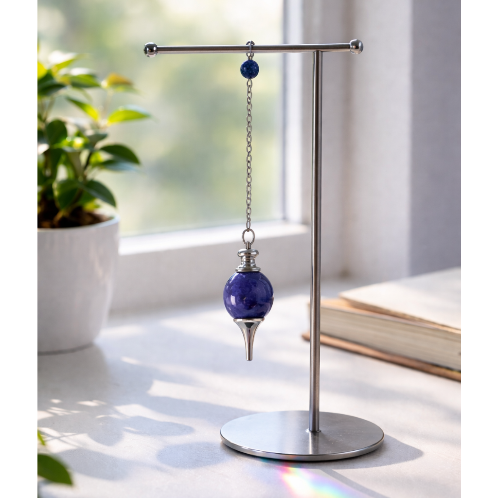 Blue Sodalite crystal pendulum on a stand in front of a window next to a plant and book.