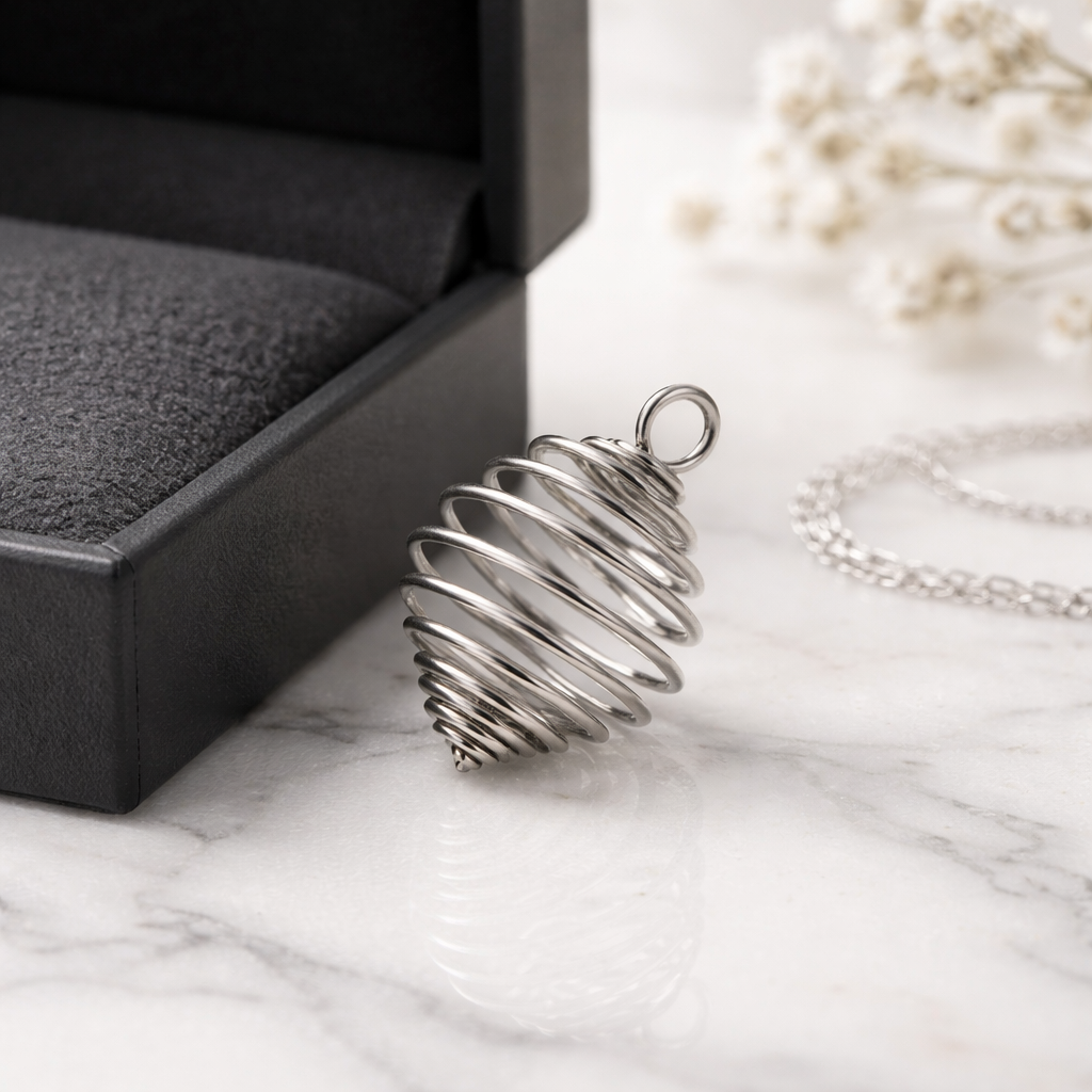 Silver spiral pendant on a marble surface with a jewelry box in the background