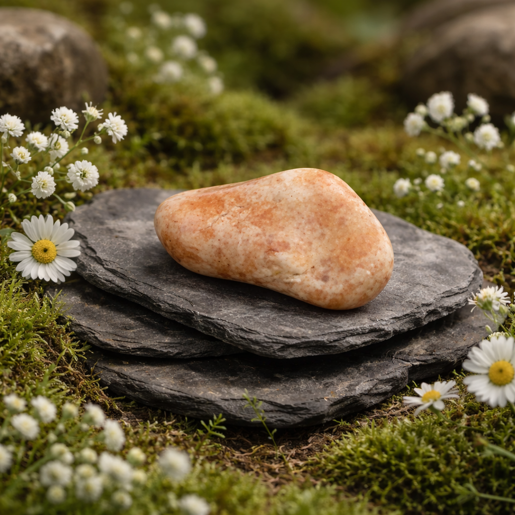 Rounded Sunstone Tumblestone on stacked stones with white flowers in a natural setting