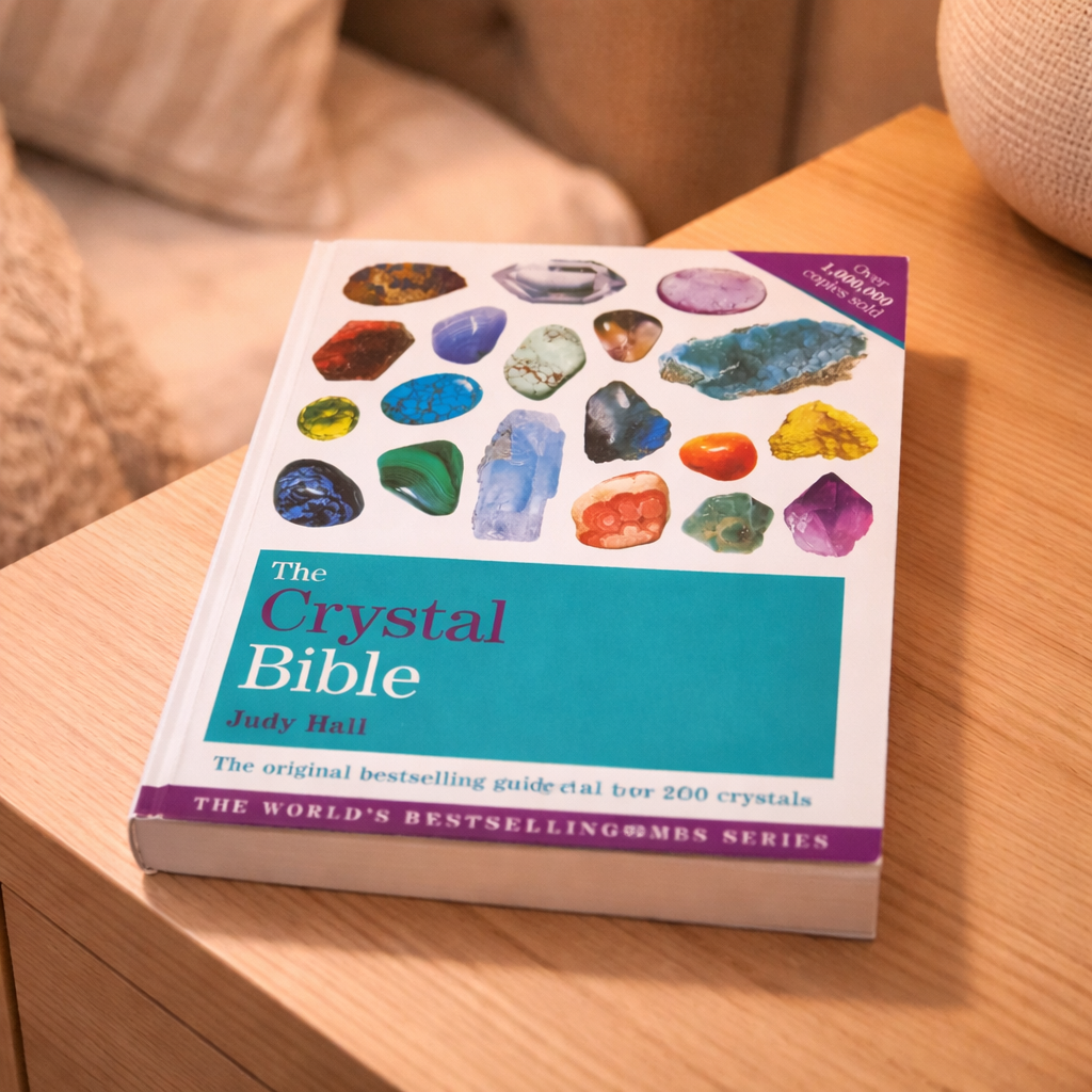 Book titled 'The Crystal Bible' on a wooden surface with a soft background