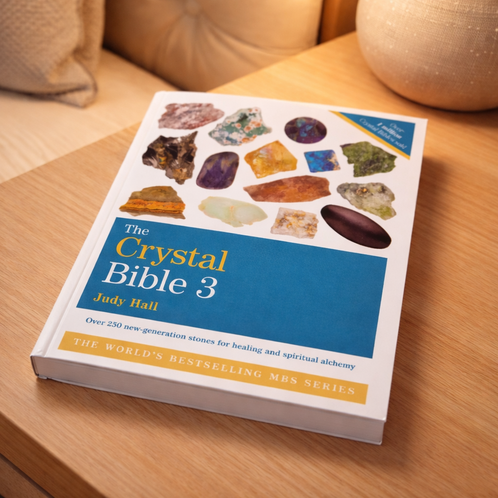 Book titled 'The Crystal Bible 3' on a wooden surface with a couch in the background