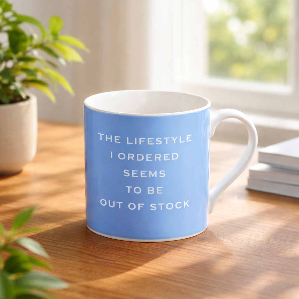 Blue mug with humorous text on a wooden table with plants and books in the background
