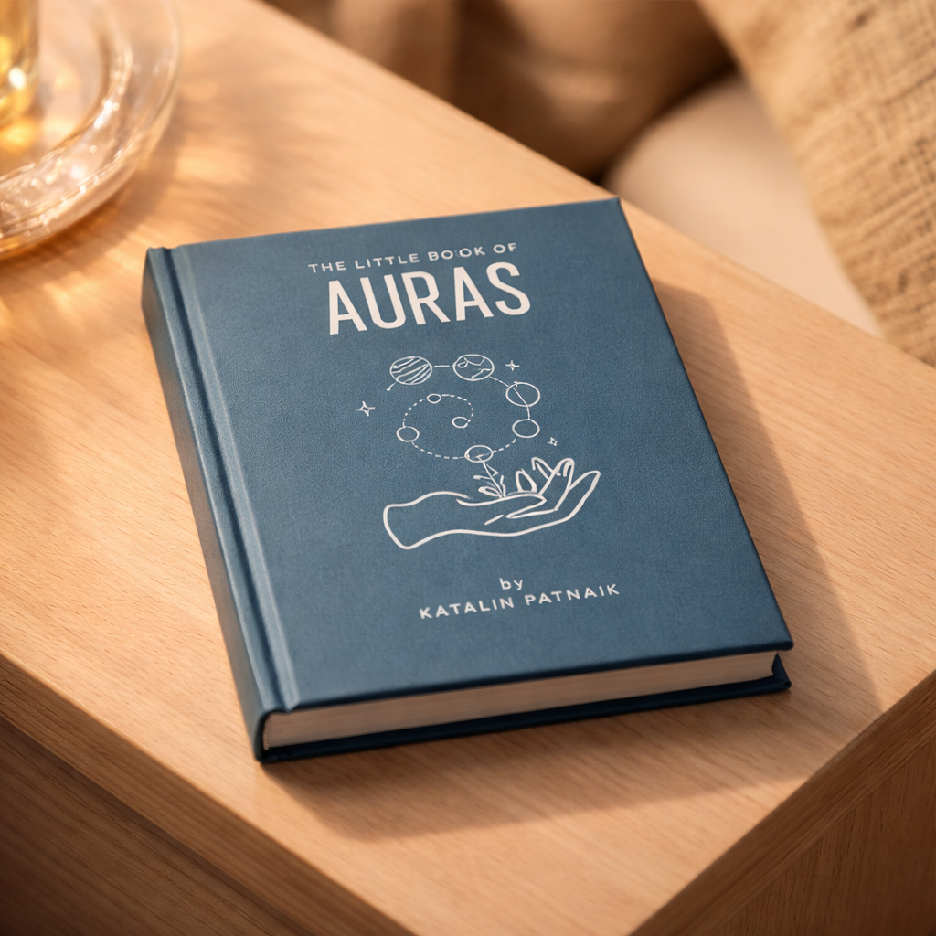 Blue book titled 'The Little Book of Auras' by Katalin Patnaik on a wooden surface.