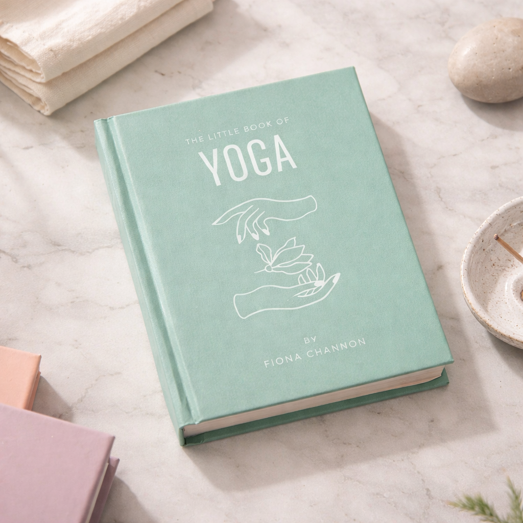 Green book titled 'The Little Book of Yoga' by Fiona Channon on a marble surface.