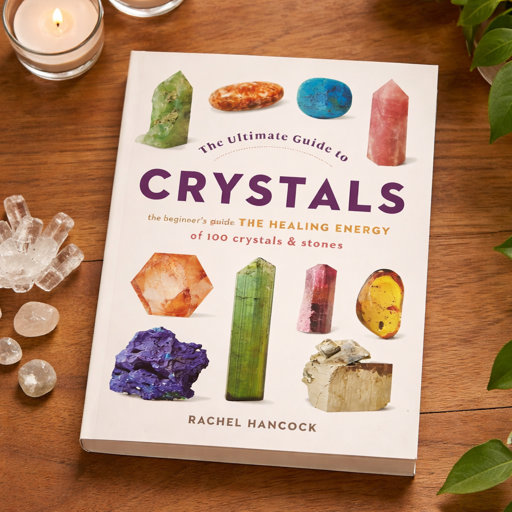 Book titled 'The Ultimate Guide to Crystals' by Rachel Hancock on a wooden surface with crystals and a candle.