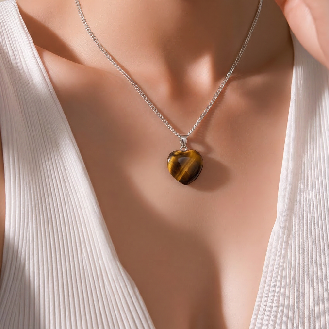 Woman wearing a necklace with a heart-shaped tigers eye crystal pendant , close-up on neck and chest.