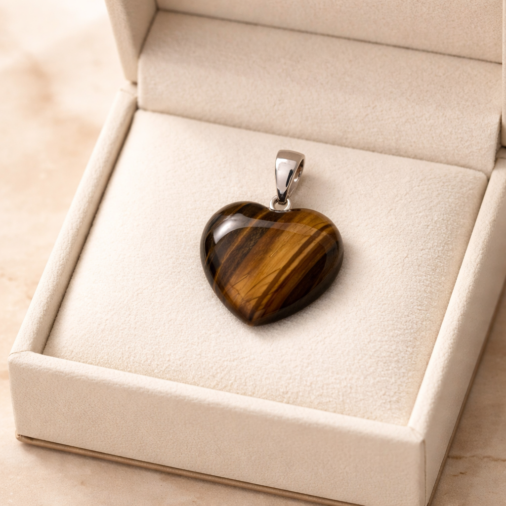 Heart-shaped tiger's eye pendant in a jewelry box