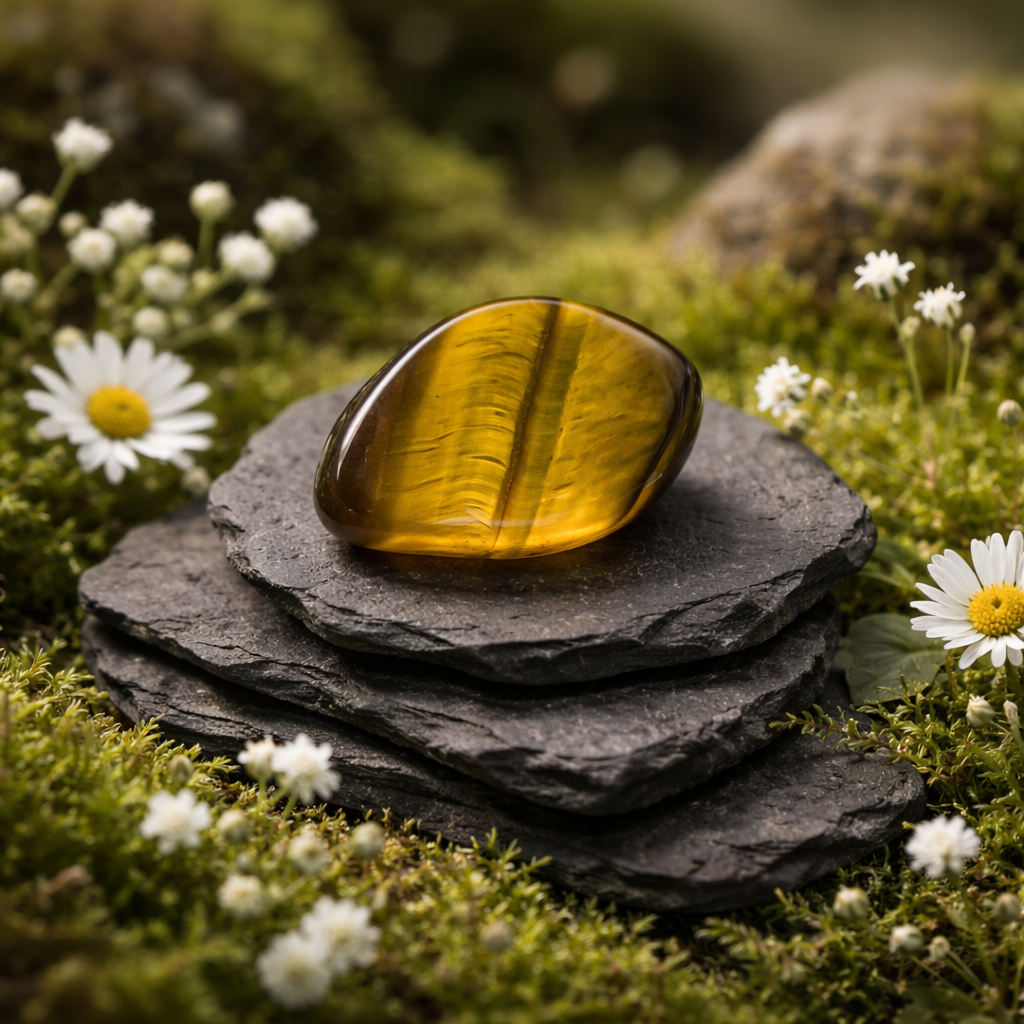 Golden Tiger's eye tumblestone on stacked black stones with moss and flowers in the background