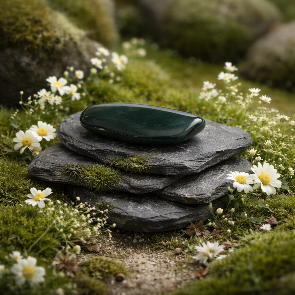 Stack of stones with a black tourmaline tumblestone on top, surrounded by small white flowers with yellow centers on a green mossy background.