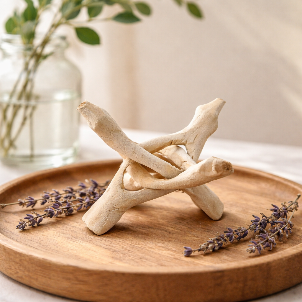 Wooden Tripod on a wooden tray with lavender and a blurred plant in the background