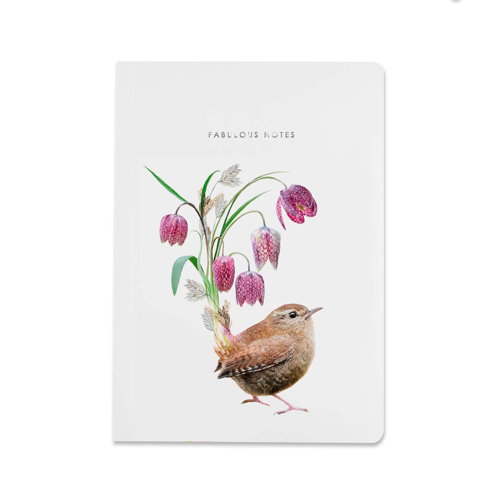 Notebook with a wren and flowers illustration on a white background